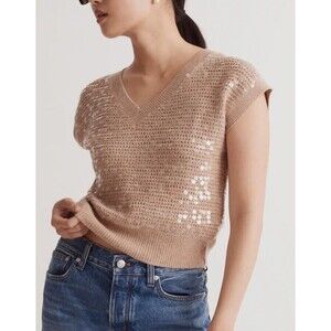 New Madewell Sequin-Embellished Sweater Wool Vest in Heather Tawny Size XXS